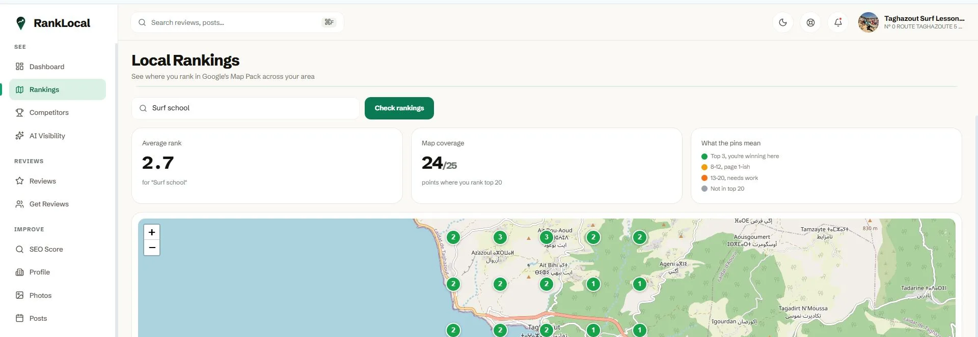 Local rank tracker showing Google Map Pack position for chiropractor near me