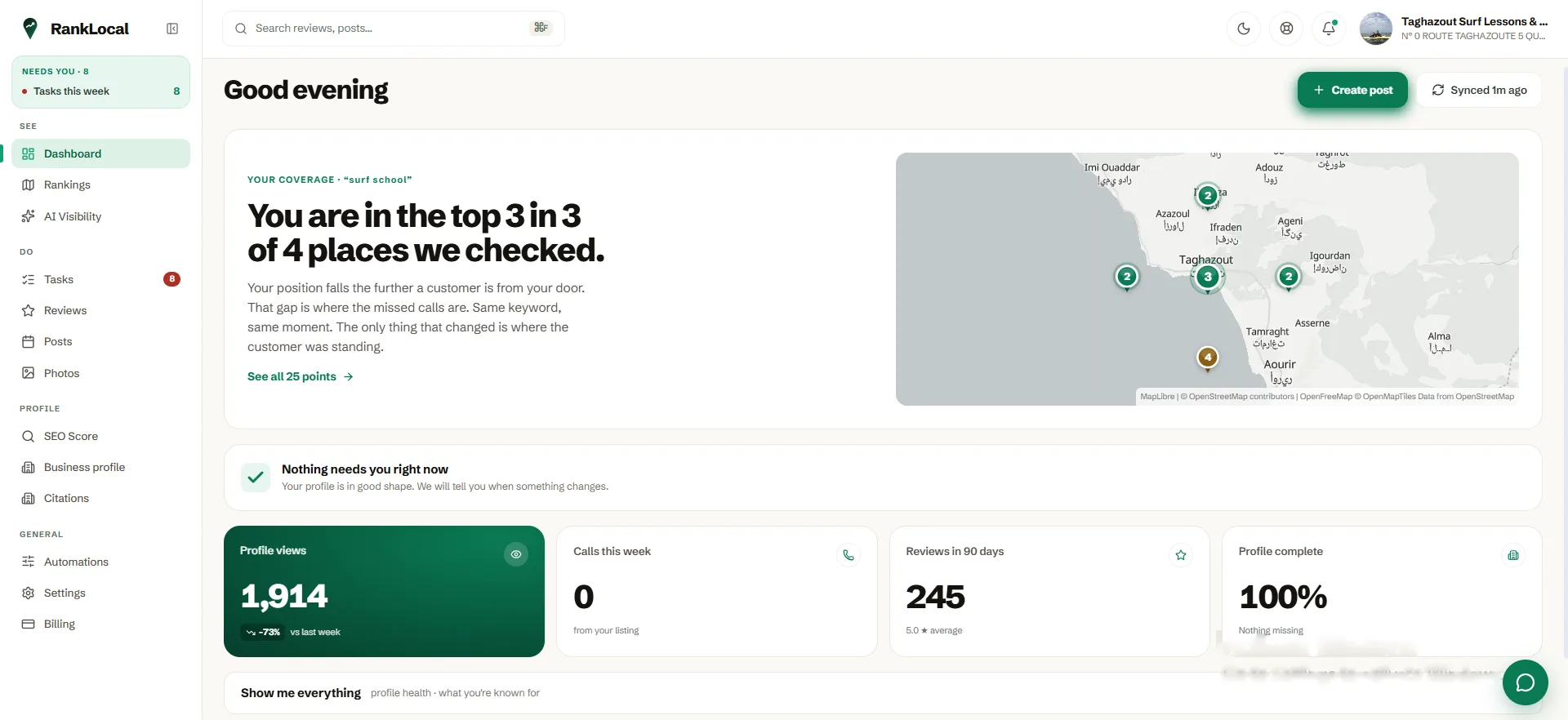 RankLocal dashboard showing profile views, reviews in the last 90 days, calls, and top fixes