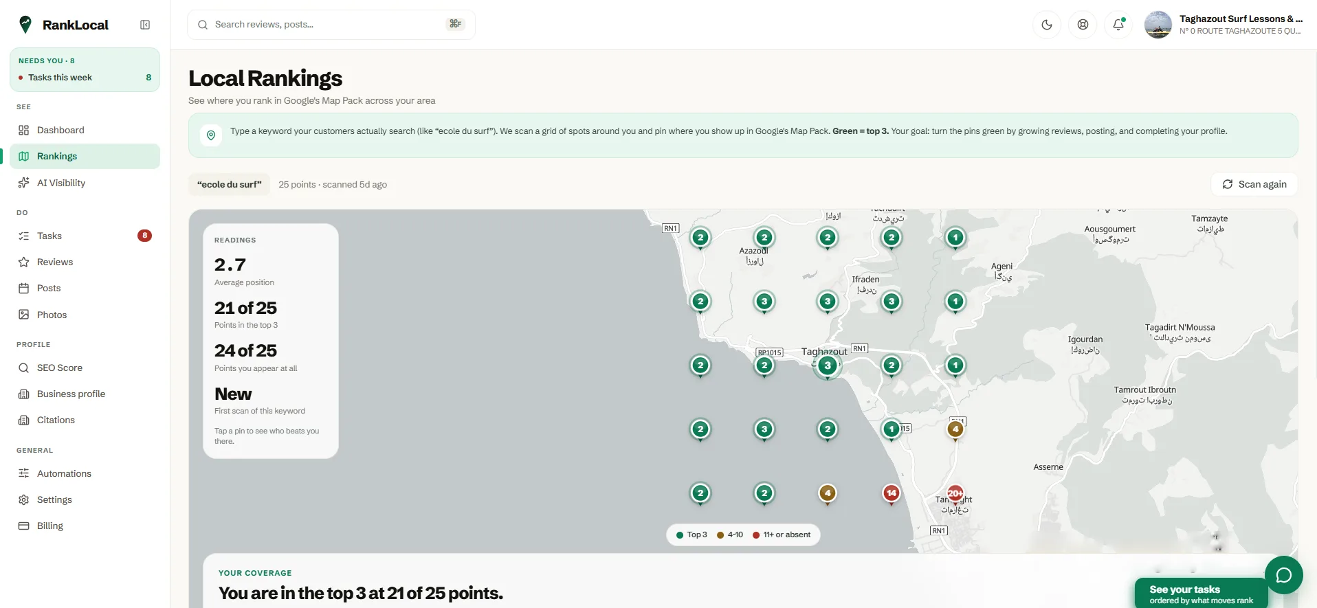 Local rank tracker showing Google Map Pack position for emergency locksmith near me