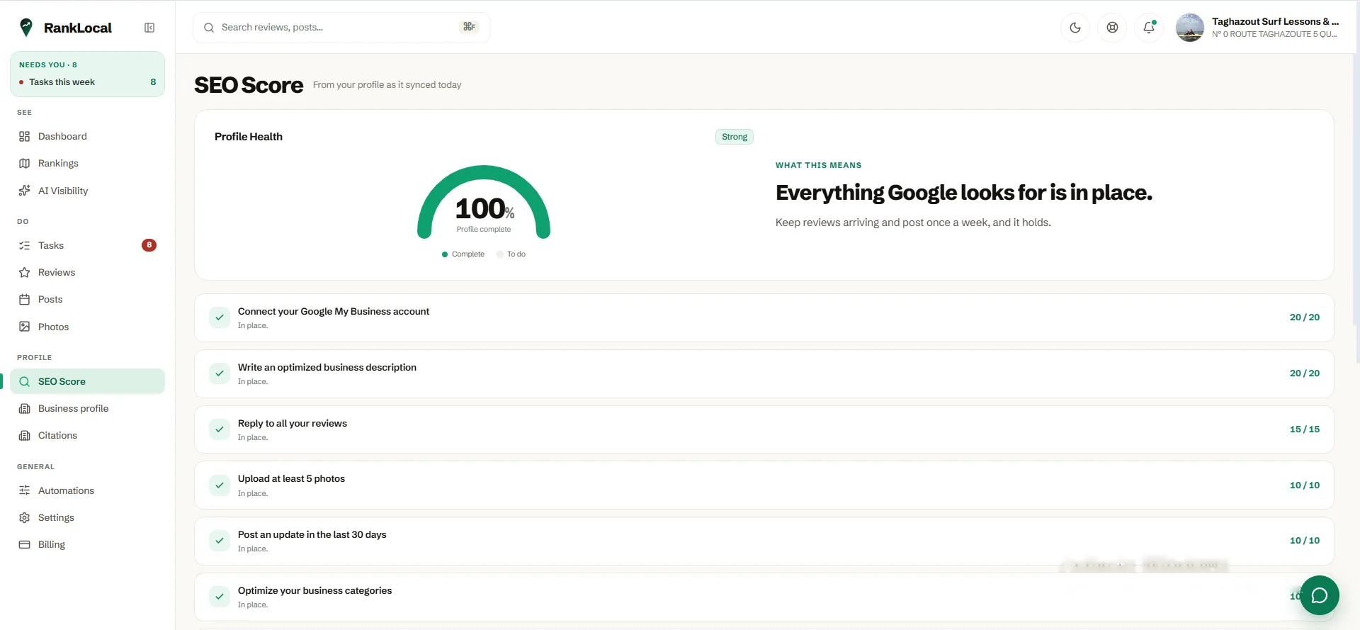 RankLocal SEO score for a auto repair shop's Google Business Profile