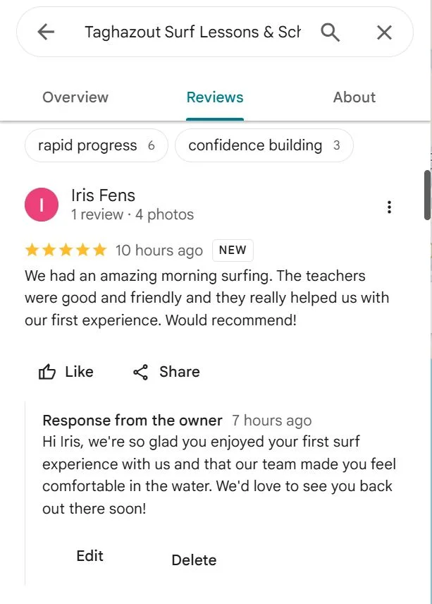 A five star Google review with a reply from the business owner underneath it