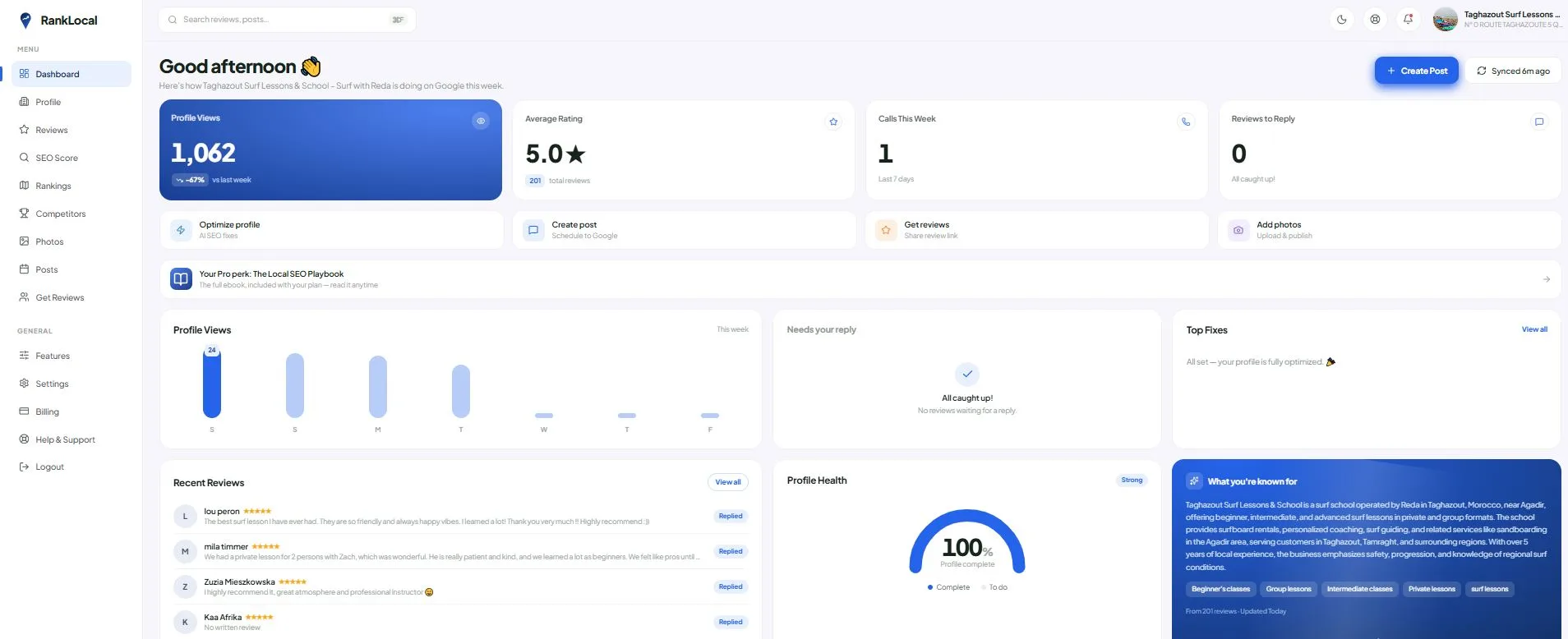 RankLocal dashboard showing profile views, rating, calls, and reviews to reply