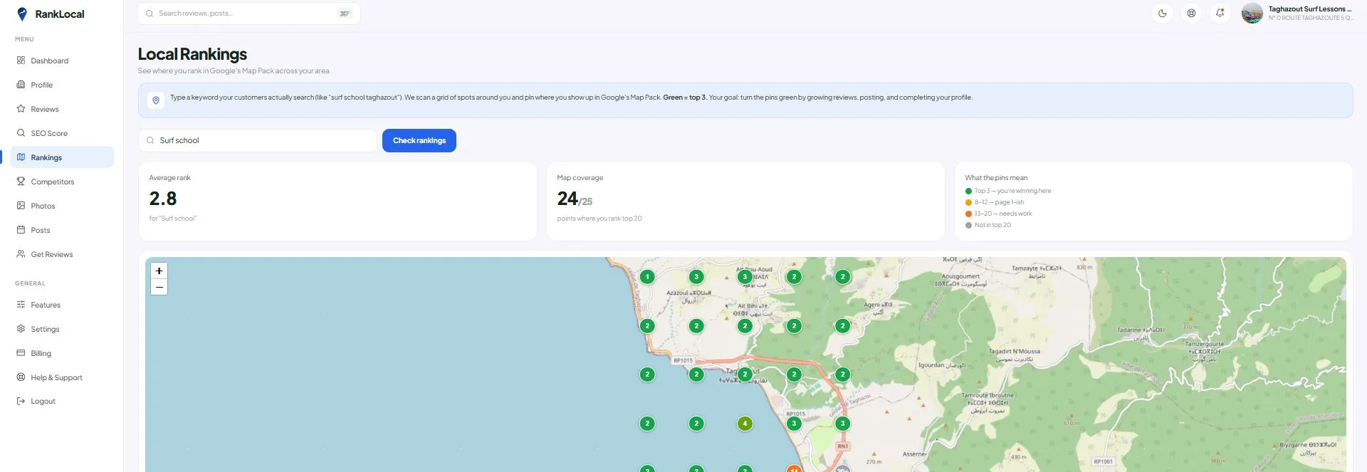 Local rank tracker showing Google Map Pack position for italian restaurant near me