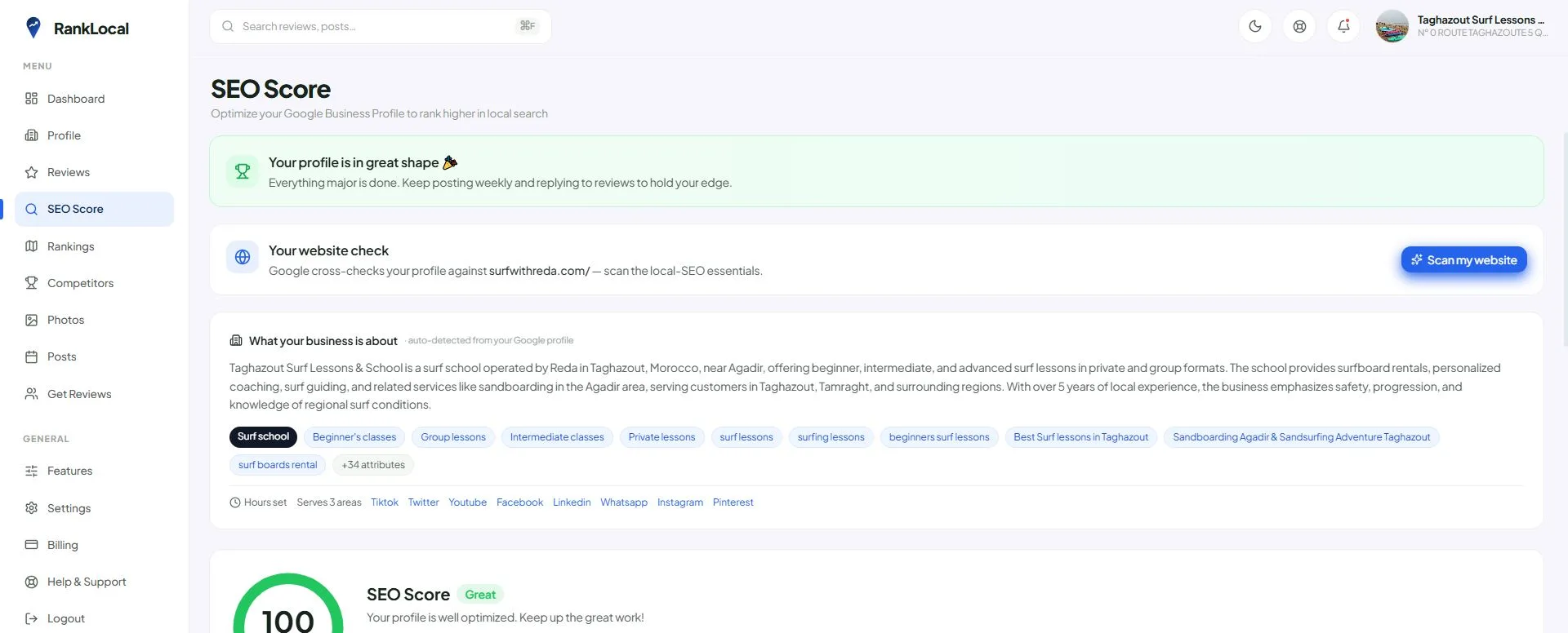 RankLocal SEO score for a restaurant's Google Business Profile